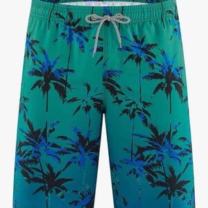 Men's Teal Palm-Print Swim Trunks with Drawstring